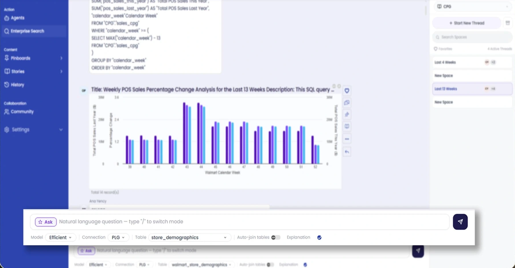 Cropped public demo screenshot showing the search interface, query context and weekly sales comparison chart
